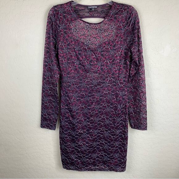 Express Floral Metallic Lace Long Sleeve Dress Purple Womens Sz M Party Preppy - Picture 2 of 12